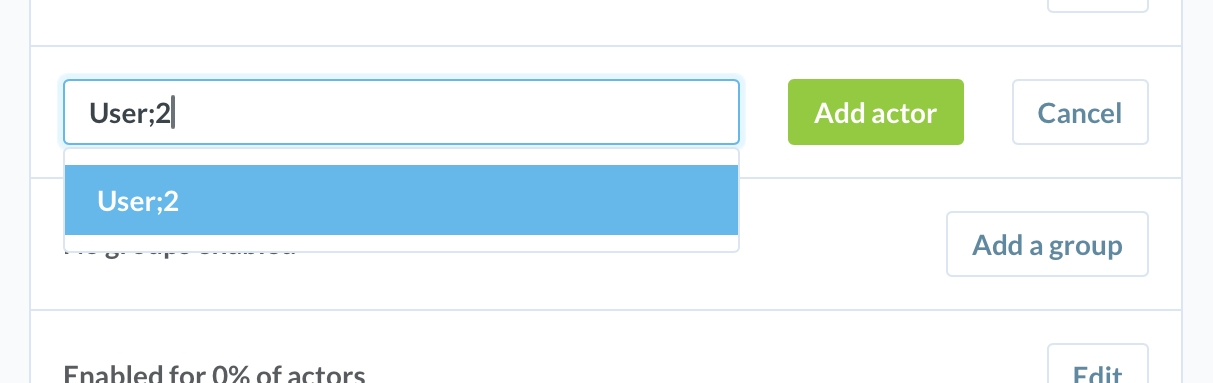 Screenshot of a form with an auto-suggest input field for adding an actor to a feature.