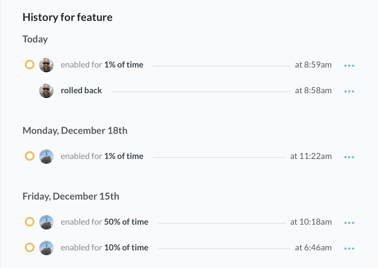 A screenshot of a list of audit history events with changes and rollbacks.