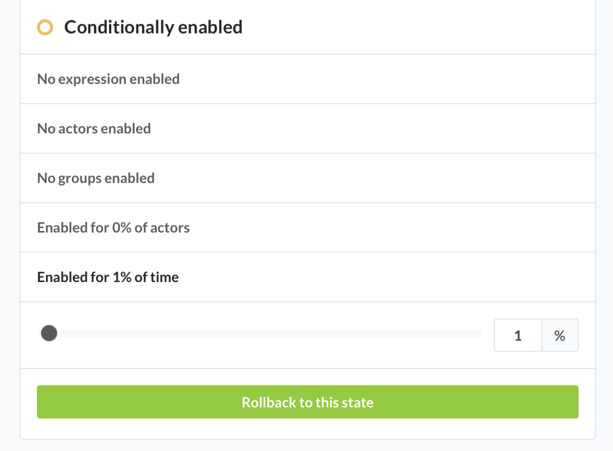A screenshot of a feature audit history even with a large button labeled 'Rollback to this state'